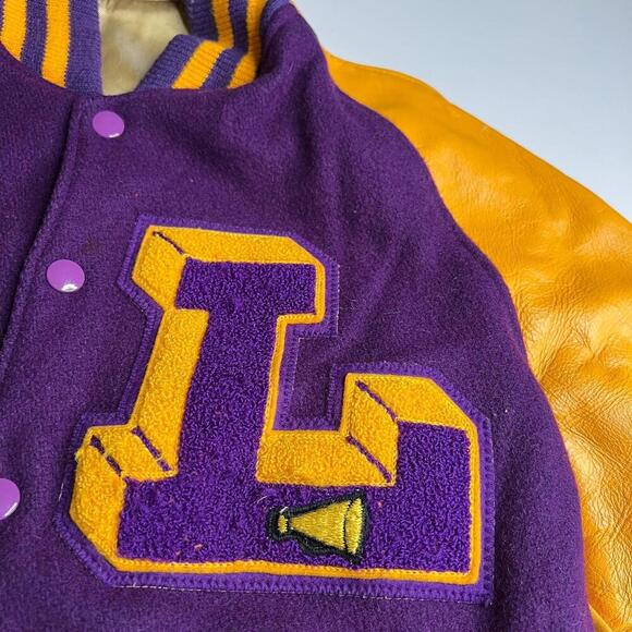 Vintage 80s Hunts Athletic Goods Varsity Letterman Jacket Purple Gold Wool Leath - Picture 12 of 12